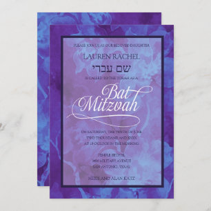 Invitation Fleurs d'aquarelle bleu violet bat mitzvah