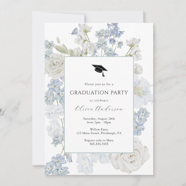 Invitation Fleurs d'aquarelle bleue (Devant)