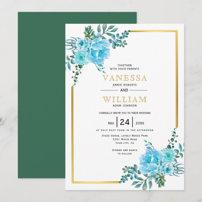 Invitation Fleurs d'aquarelle bleue, cadre doré mariage (Devant / Derrière)