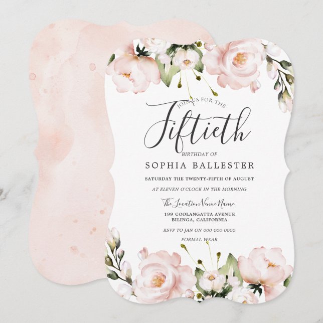 Invitation Fleurs d'aquarelle blush 50e fête d'anniversaire (Devant / Derrière)