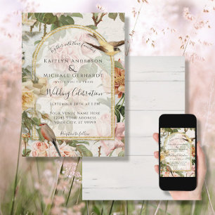 Invitation Fleurs d'aquarelle botanique n Oiseaux Mariage Or