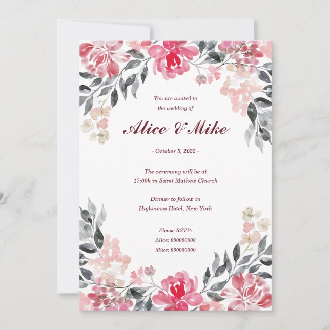 Invitation Fleurs d'aquarelle botanique rose et gris Invitat (Devant)