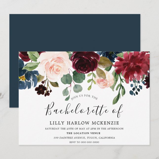 Invitation Fleurs d'aquarelle Bourgogne Bachelorette (Devant / Derrière)
