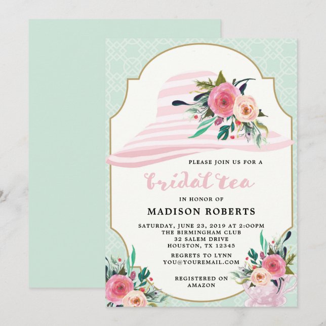 Invitation Fleurs d'aquarelle Casquette de thé nuptiale (Devant / Derrière)