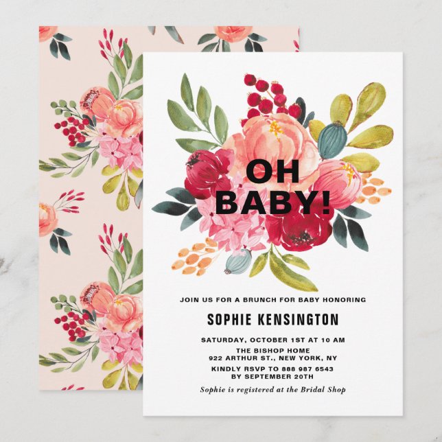 Invitation Fleurs d'aquarelle classique Baby shower Brunch (Devant / Derrière)
