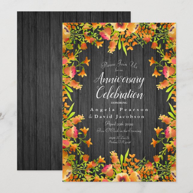 Invitation Fleurs d'aquarelle d'automne sur bois rustique (Devant / Derrière)