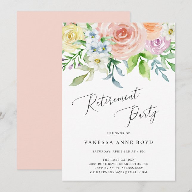 Invitation Fleurs d'aquarelle de la pêche florale Parti de re (Devant / Derrière)