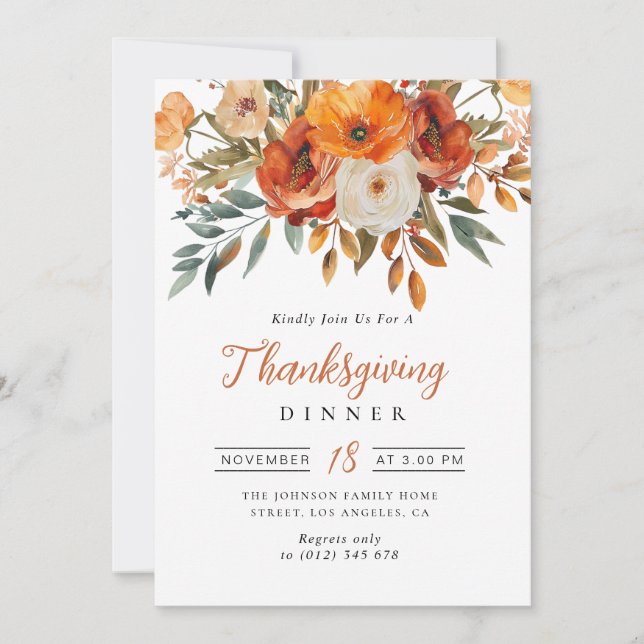 Invitation fleurs d'aquarelle Dîner d'action de grâces (Devant)