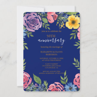 Invitation fleurs d'aquarelle élégant mariage 50e anniversair