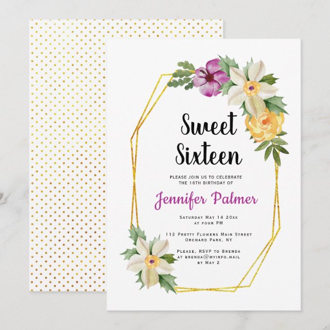 Invitation Fleurs d'aquarelle en polygon or Sweet sixteen (Devant / Derrière)