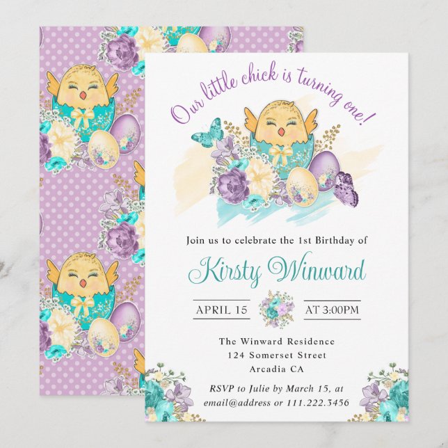 Invitation Fleurs d'aquarelle et mignonne poussette 1er anniv (Devant / Derrière)