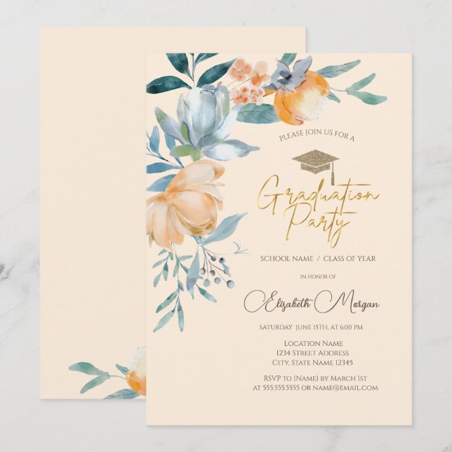 Invitation Fleurs d'aquarelle Fête de graduation de crème (Devant / Derrière)