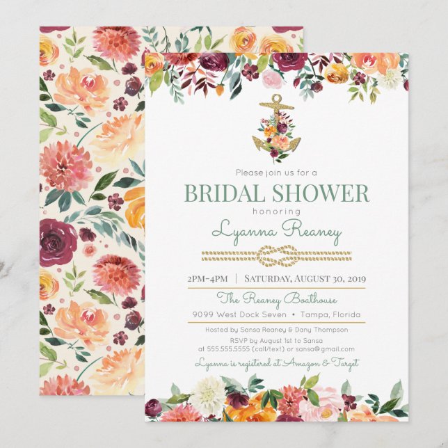 Invitation Fleurs d'aquarelle Fête de l'mariée marine (Devant / Derrière)