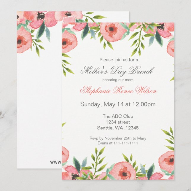Invitation Fleurs d'aquarelle Fête des mères Brunch Invitatio (Devant / Derrière)