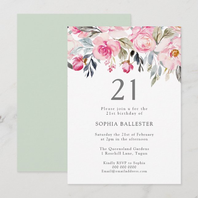 Invitation Fleurs d'aquarelle floue Élégante 21e anniversaire (Devant / Derrière)