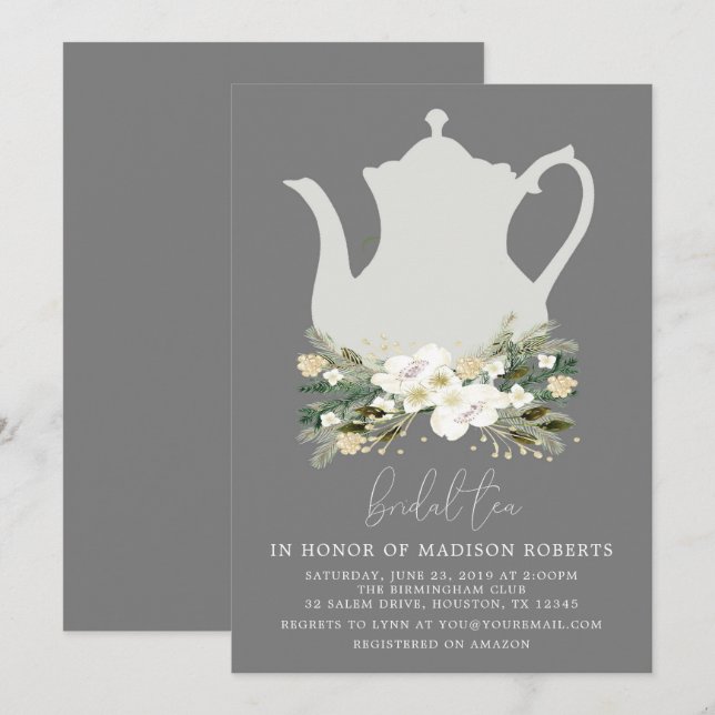 Invitation Fleurs d'aquarelle gris thé nuptiale (Devant / Derrière)