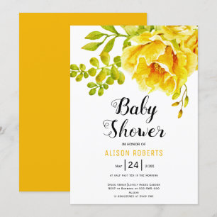 Invitation Fleurs d'aquarelle jaune et baby shower feuille