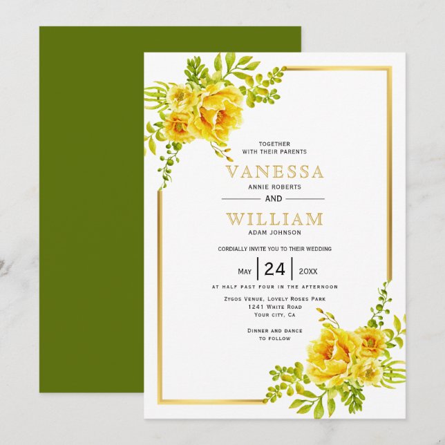 Invitation Fleurs d'aquarelle jaune et cadre or mariage (Devant / Derrière)