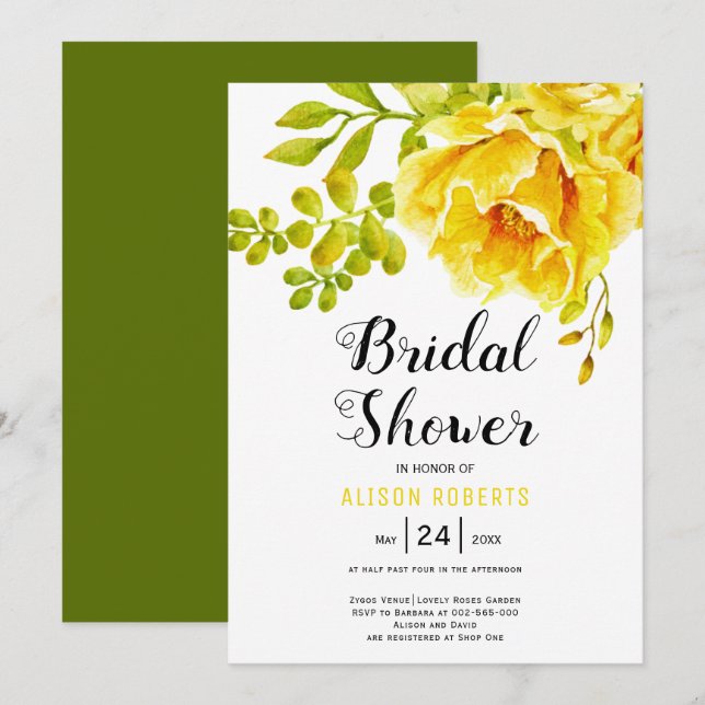 Invitation Fleurs d'aquarelle jaune mariage douche nuptiale (Devant / Derrière)