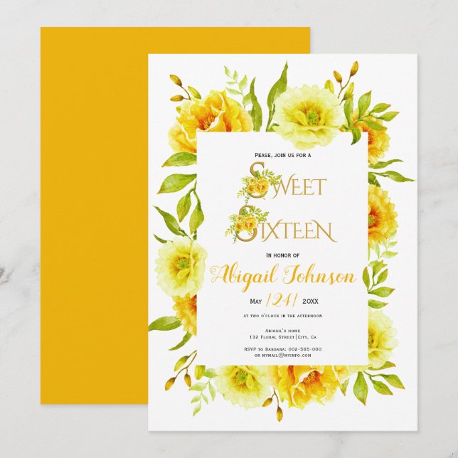 Invitation Fleurs d'aquarelle jaune sweet sixteen anniversair (Devant / Derrière)