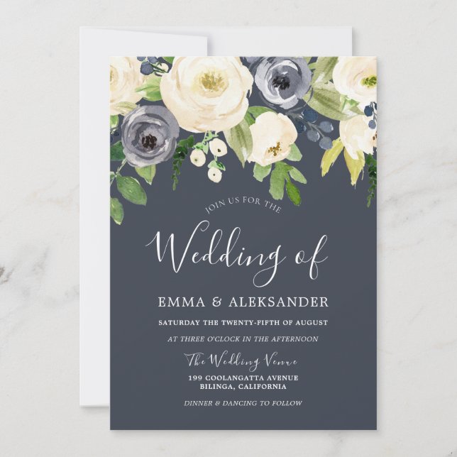 Invitation Fleurs d'aquarelle marine et blanche Mariage moder (Devant)