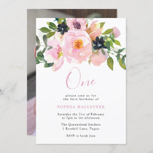 Invitation Fleurs d'aquarelle marine et blush un 1er annivers