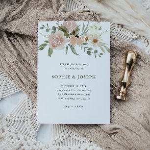 Invitation Fleurs d'aquarelle neutres simples   Mariage blanc
