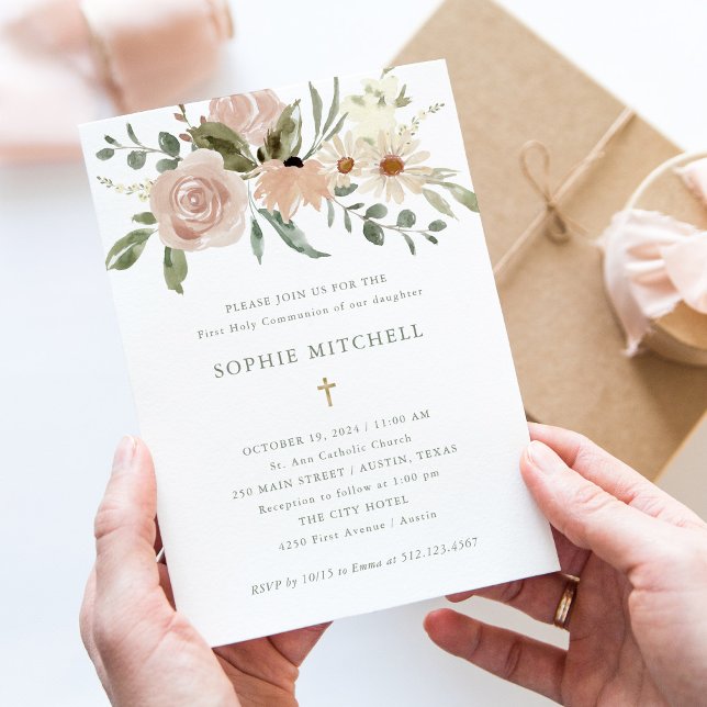 Invitation Fleurs d'aquarelle neutres simples Première commun (Créateur téléchargé)