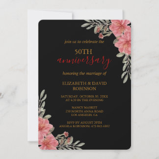 Invitation fleurs d'aquarelle noir 50e anniversaire mariage