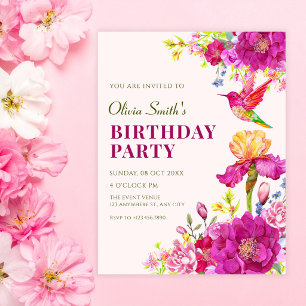 Invitation Fleurs d'aquarelle oiseau anniversaire