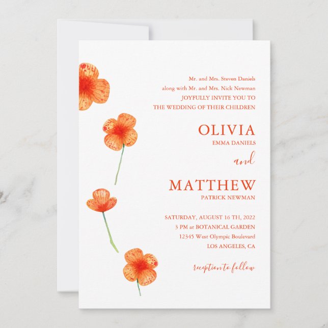 Invitation Fleurs d'aquarelle orange. Mariage floral simple (Devant)