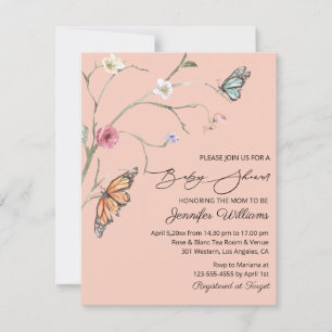 Invitation fleurs d'aquarelle papillons baby shower rose