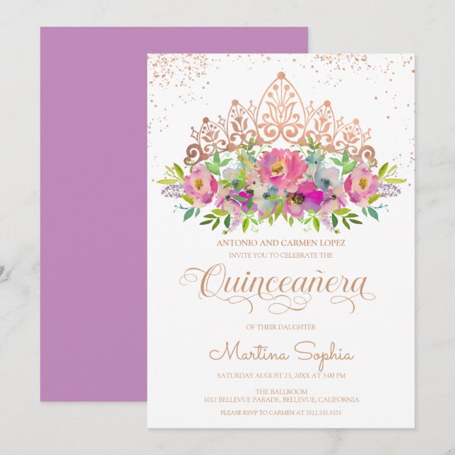 Invitation Fleurs d'aquarelle pastel Quinceanera (Devant / Derrière)