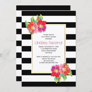 Invitation Fleurs d'aquarelle, rayures mariage douche nuptial