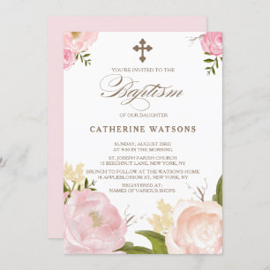 Invitation Fleurs d'aquarelle romantique et baptême croisé