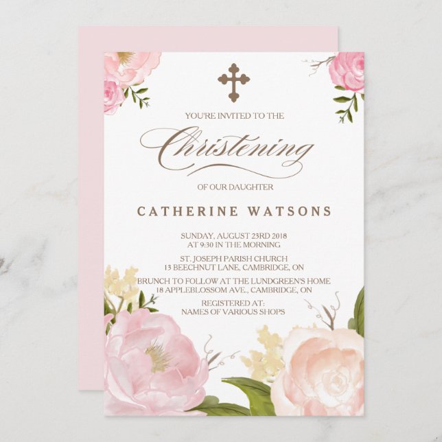 Invitation Fleurs d'aquarelle romantique et baptême croisé (Devant / Derrière)