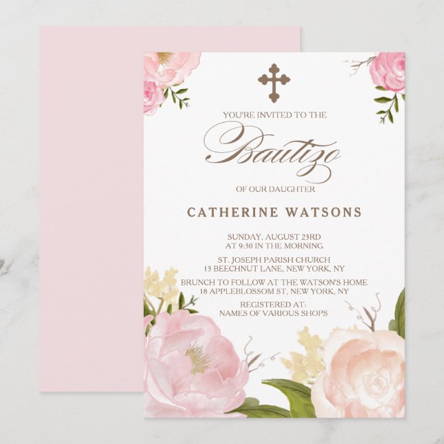 Invitation Fleurs d'aquarelle romantique et Bautizo croisé (Devant / Derrière)