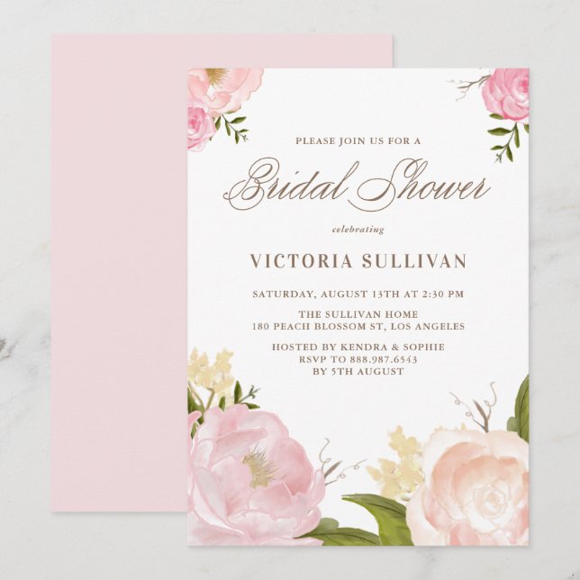 Invitation Fleurs d'aquarelle romantique Fête des mariées Inv (Devant / Derrière)