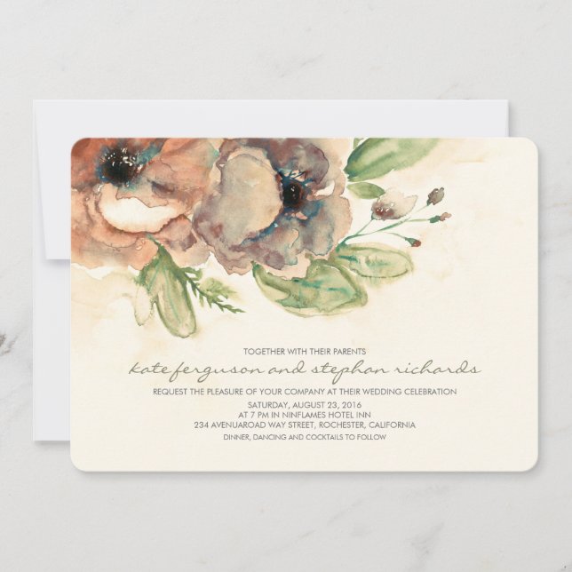 Invitation Fleurs d'aquarelle romantique Mariage rustique Inv (Devant)