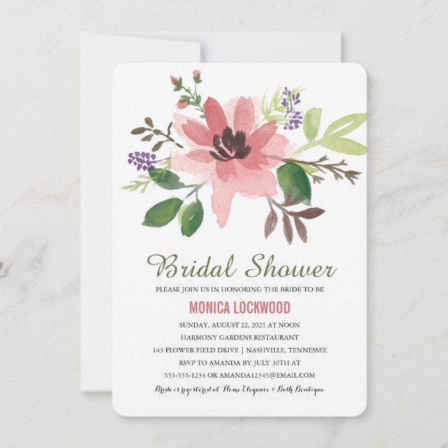 Invitation Fleurs d'aquarelle romantiques | FÊTE DES MARIÉES (Devant)