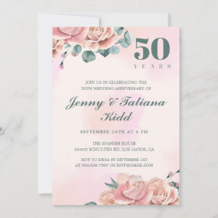 Invitation Fleurs d'aquarelle rose 50e anniversaire de mariag