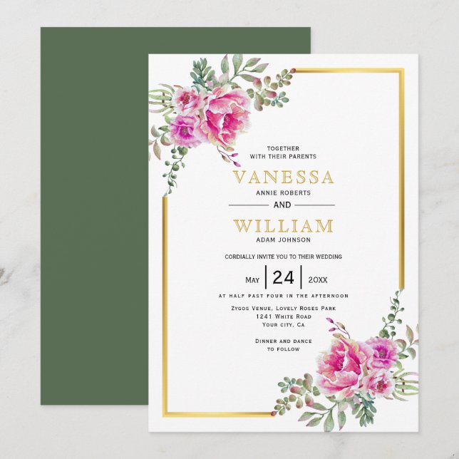 Invitation Fleurs d'aquarelle rose, cadre doré mariage (Devant / Derrière)