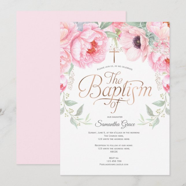 Invitation Fleurs d'aquarelle rose, Élégant, Baptême de fille (Devant / Derrière)