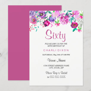 Invitation Fleurs d'aquarelle rose mauve 60e anniversaire