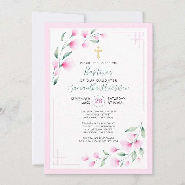 Invitation Fleurs d'aquarelle rose pâle Fille Baptême (Devant)