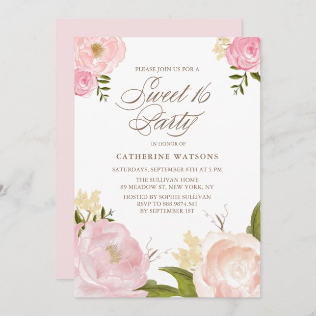 Invitation Fleurs d'aquarelle rose romantique Douce 16 Partie (Devant / Derrière)