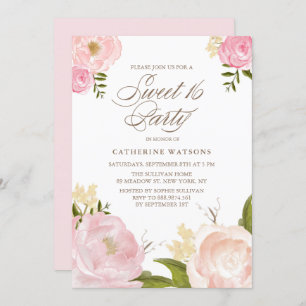 Invitation Fleurs d'aquarelle rose romantique Douce 16 Partie