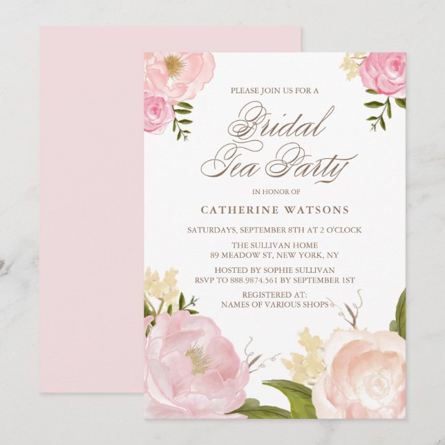 Invitation Fleurs d'aquarelle rose romantique Fête de thé nup (Devant / Derrière)