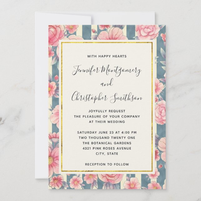 Invitation Fleurs d'aquarelle rose sur Mariage Motif rayé (Devant)