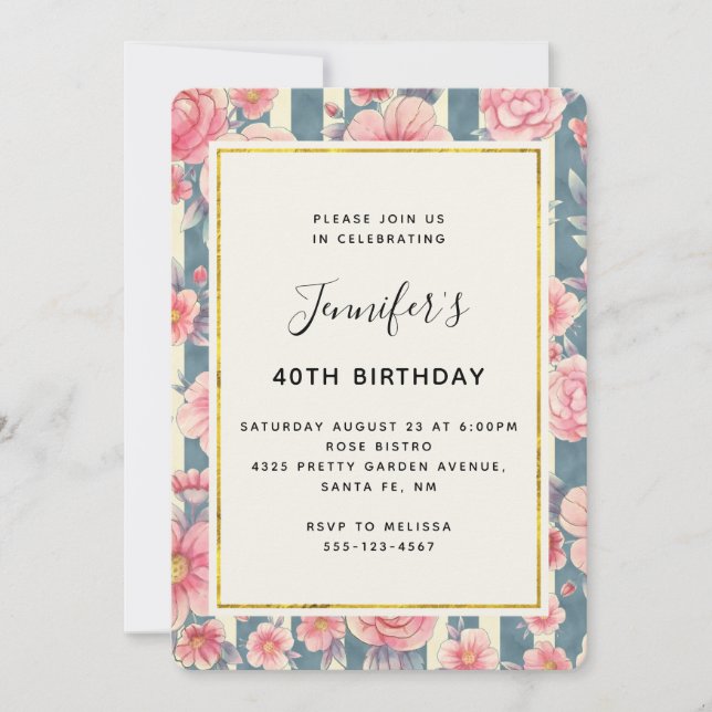 Invitation Fleurs d'aquarelle rose sur rayures Anniversaire (Devant)